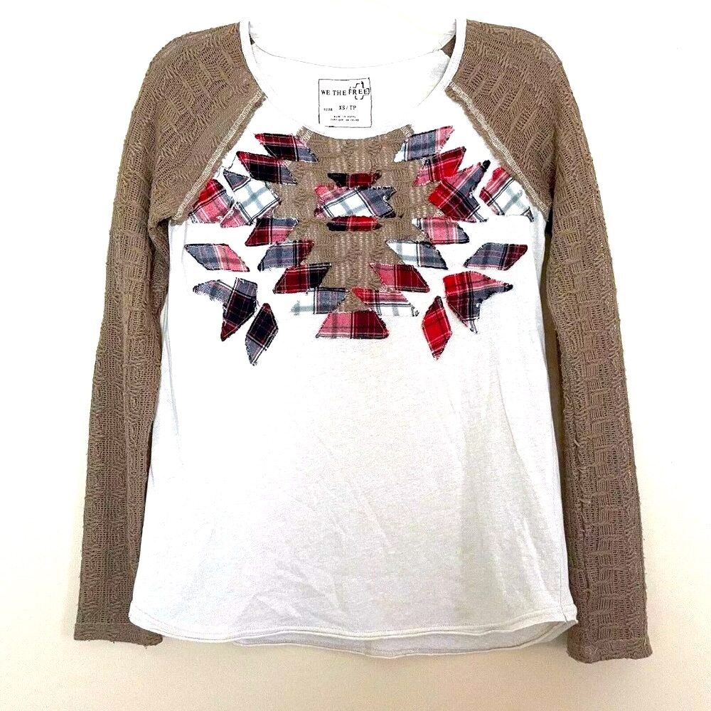 We the Free People Aztec Western Top Shirt XS Long Raglan Sleeve Plaid Applique